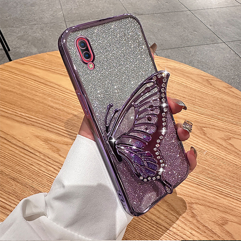 Casing HP Vivo Y1S Y90 Y91C Y91D berlian mengkilap Cairan Bening Berdiri kupu-kupu braket silikon le