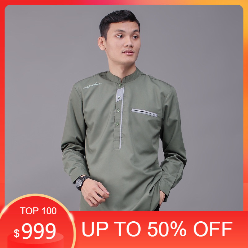 BAJU COWOK KEKINIAN MODIS CASUAL / Kemeja Koko Pria Elrumi Lengan Panjang Motif Abizaar Warna Sage