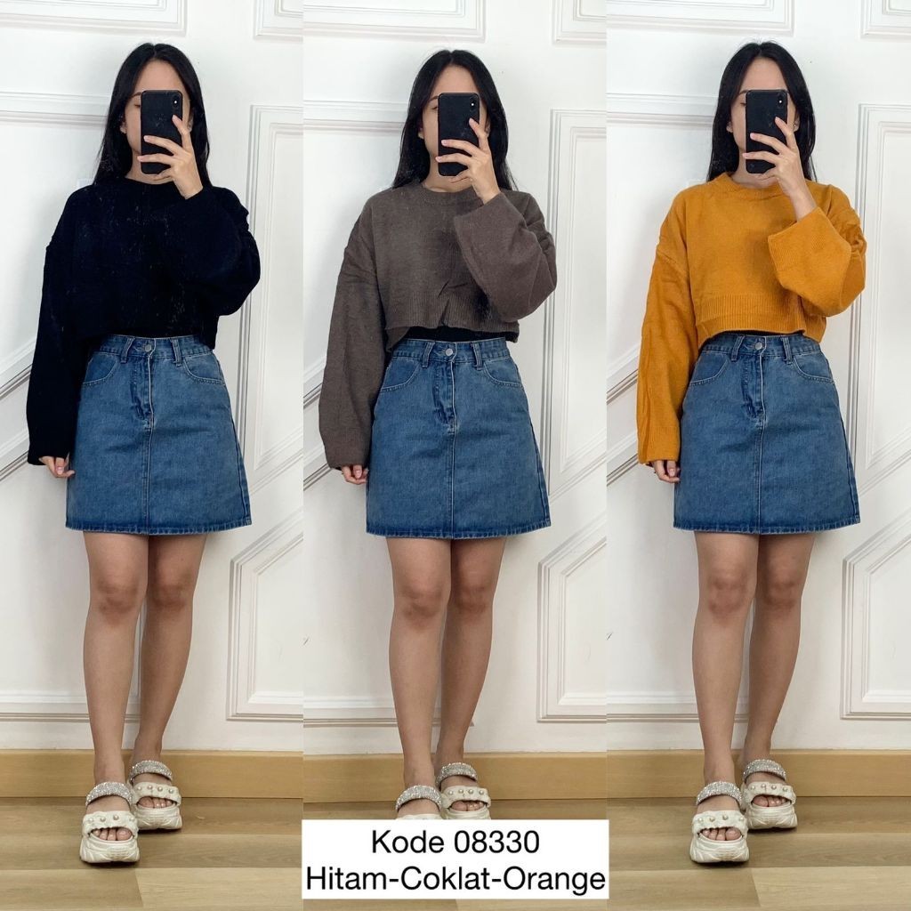 08330 SWEATER RAJUT CROP OVERSIZE LENGAN PANJANG WANITA BASIC ATASAN RAJUT POLOS WANITA KERAH O NECK