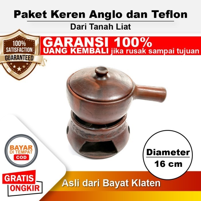 Paket Set Keren Anglo + Panci Teflon Tanah Liat Diameter 16 cm - Gerabah Alat Masak Tempat Saji