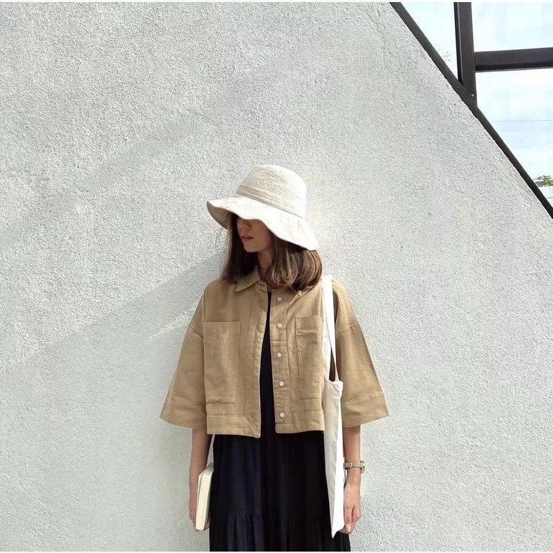 Oversized Shirt Linen / Atasan Wanita / Kemeja Crop Linen Pocket / Kemeja Outer Crop Linen / Outer W