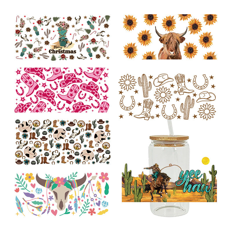

UV DTF Cowboy Let's Go Cowgirl Western Style Prints Sticker For 16oz Libbey Glasses Wraps Bottles Cup Can DIY Waterproof D7575