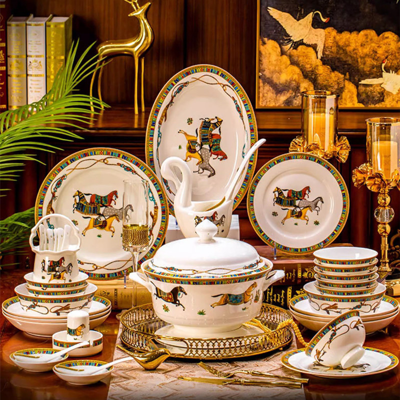 70 Pieces Luxury Tableware Set Bone  Dinner Set For 10 People Food Plate Rice Bowl Chinese Chopstick