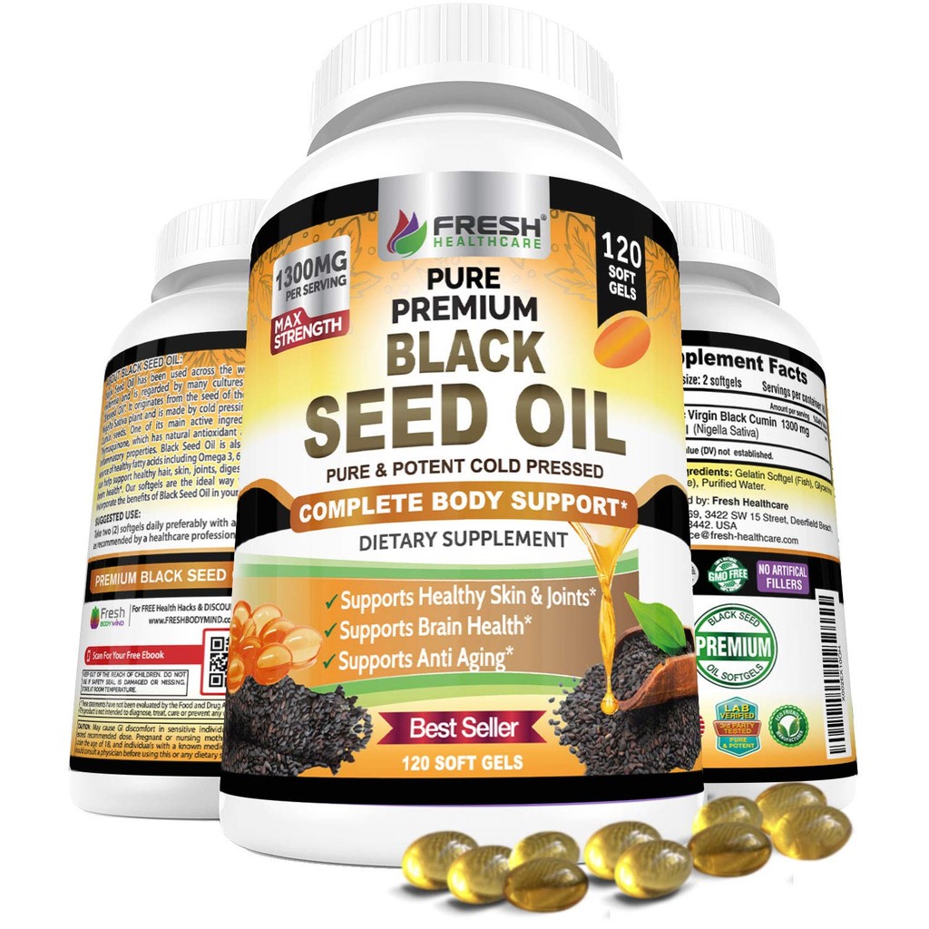 Black Seed Oil Capsules Cold Pressed 1300mg Per Serving, 100% Pure &