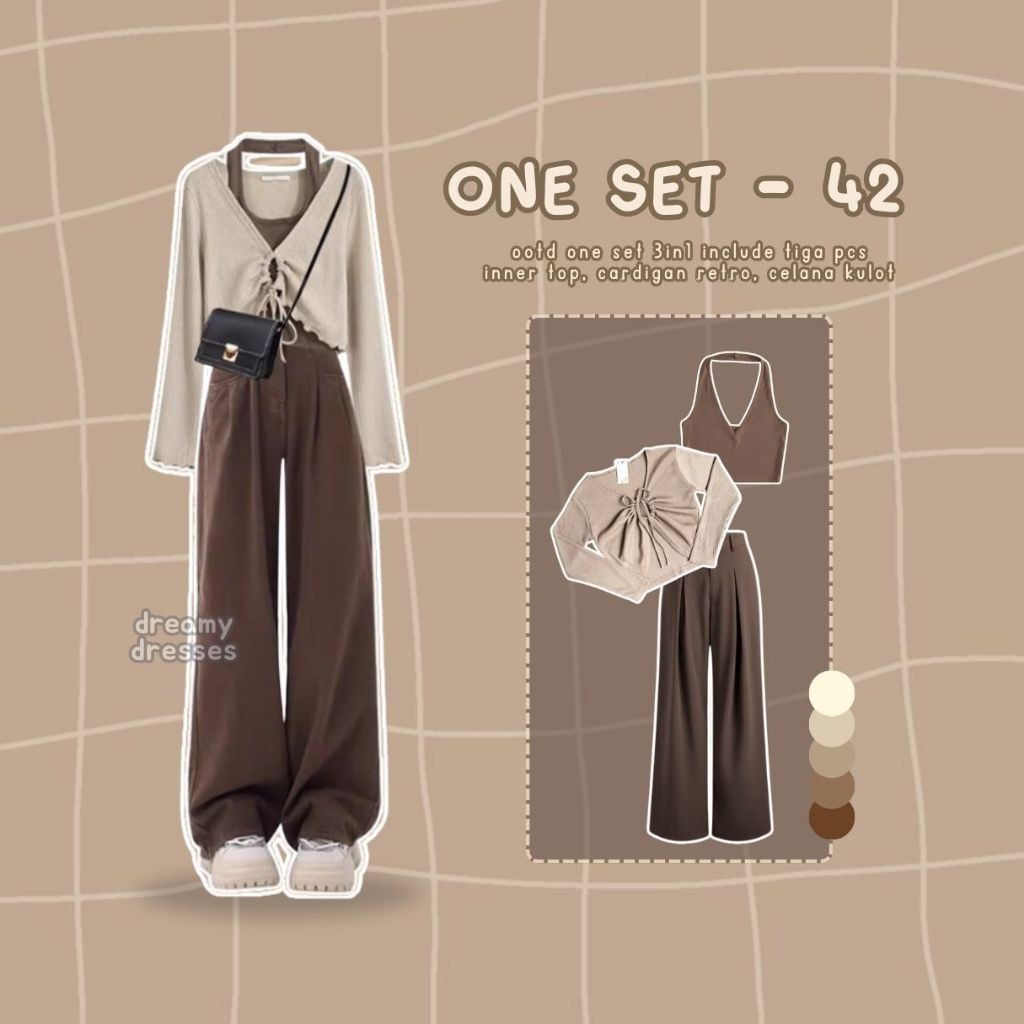 3in1 Set 42 - One Set Setelan Wanita Korean Style OOTD Tanktop Cardigan Celana Kulot Coklat Kekinian