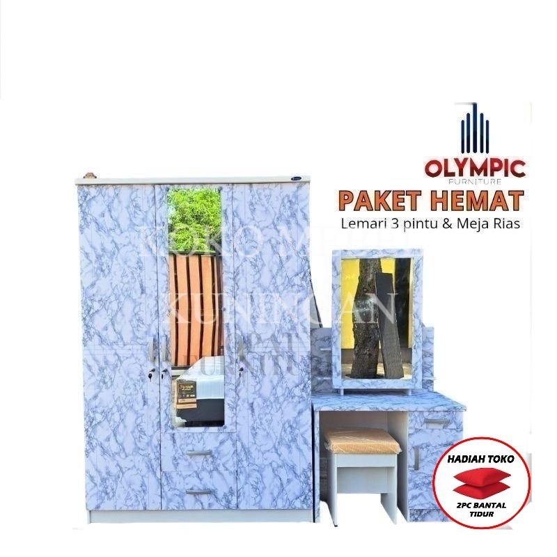 (BONUS BANTAL) Set Lemari 3 Pintu dan Meja Rias Kaca Sliding - Lemari  dan Meja Rias Murah - Satu Se