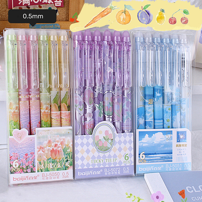 

6PCS 0.5mm Ins Erasable Neutral Pens Flower Landscape Design Gel Pen Kawaii Press Pen With Erasers For School Office Stationery
