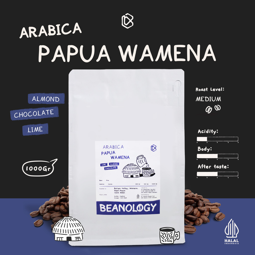 

Biji kopi bubuk Arabika Papua Wamena 1KG Single Origin Grade 1 Coffee Roasted Bean -Beanology Coffee