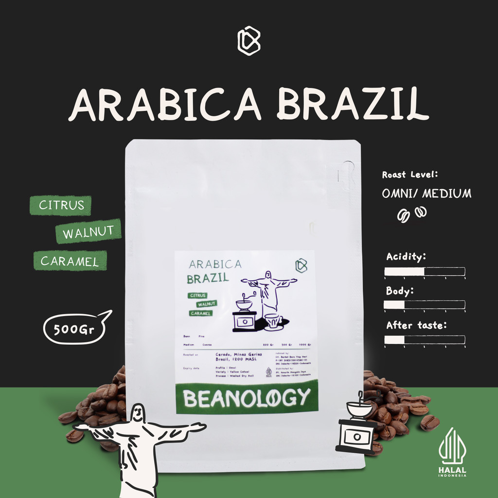 

Biji kopi bubuk Arabika Brazil Cerrado 500G Single Origin Grade 1 Coffee Roasted Bean -Beanology Coffee