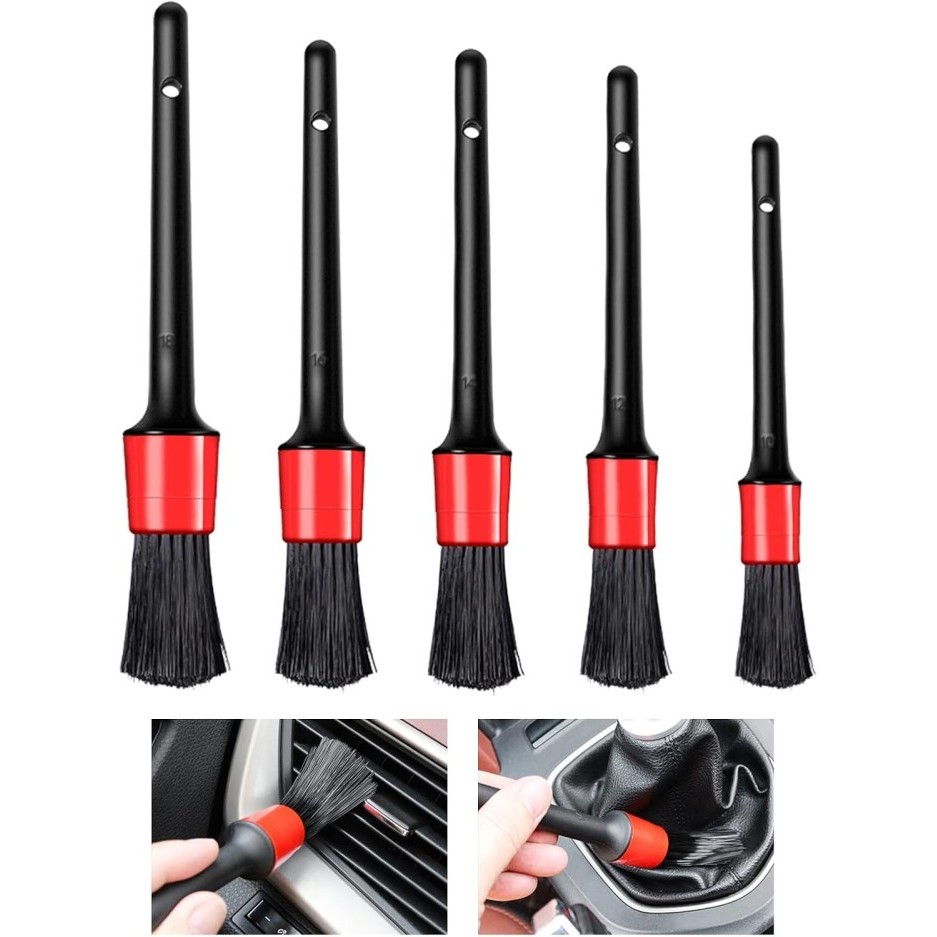 Sikat Kuas Detailing 5 pcs Ukuran Brush Set 5 in 1 Pembersih Debu Exterior Interior Kipas Ac Dashboard Mobil Car Detailing Brush Nylon 5in1 Perawatan Kendaraan Hitam Merah