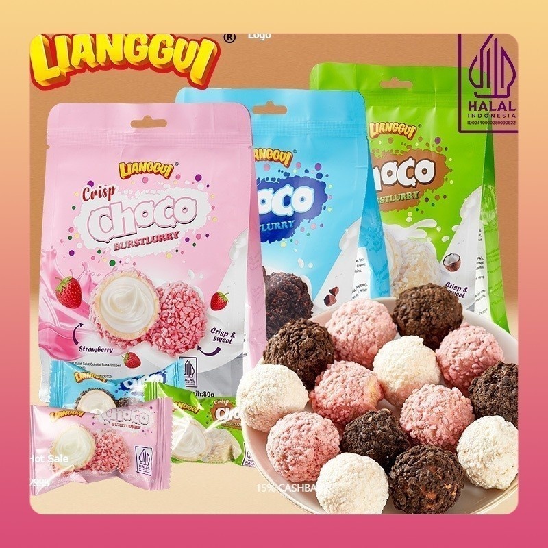 

[Barang terlaris] LIANGGUI Burst Choco Ada 3 rasa (Strawberry、Chocolate、Coconut) Coklat renyah Yang manis Bola coklat Coklat isi permen yang diisi makanan ringan kantor Cemilan santai makanan pesta makanan muslim