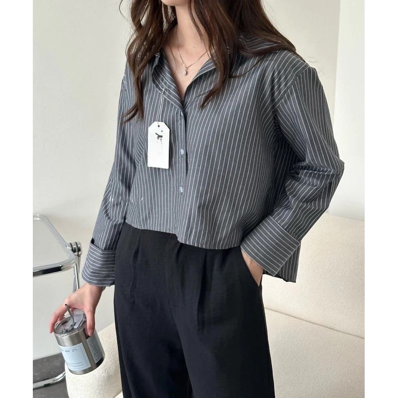 W & K - ZPF KEMEJA SALUR WANITA NOLA / Ziggy Top / Atasan Crop Kemeja Lengan Panjang Salur / OOTD Cr