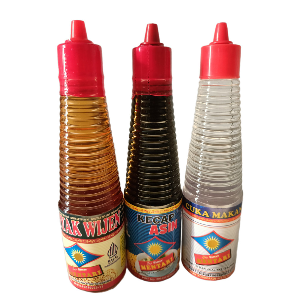 

Paket 3 Botol Minyak Wijen, Kecap Asin, Cuka Makan Cap Sinar Mentari 150 ml