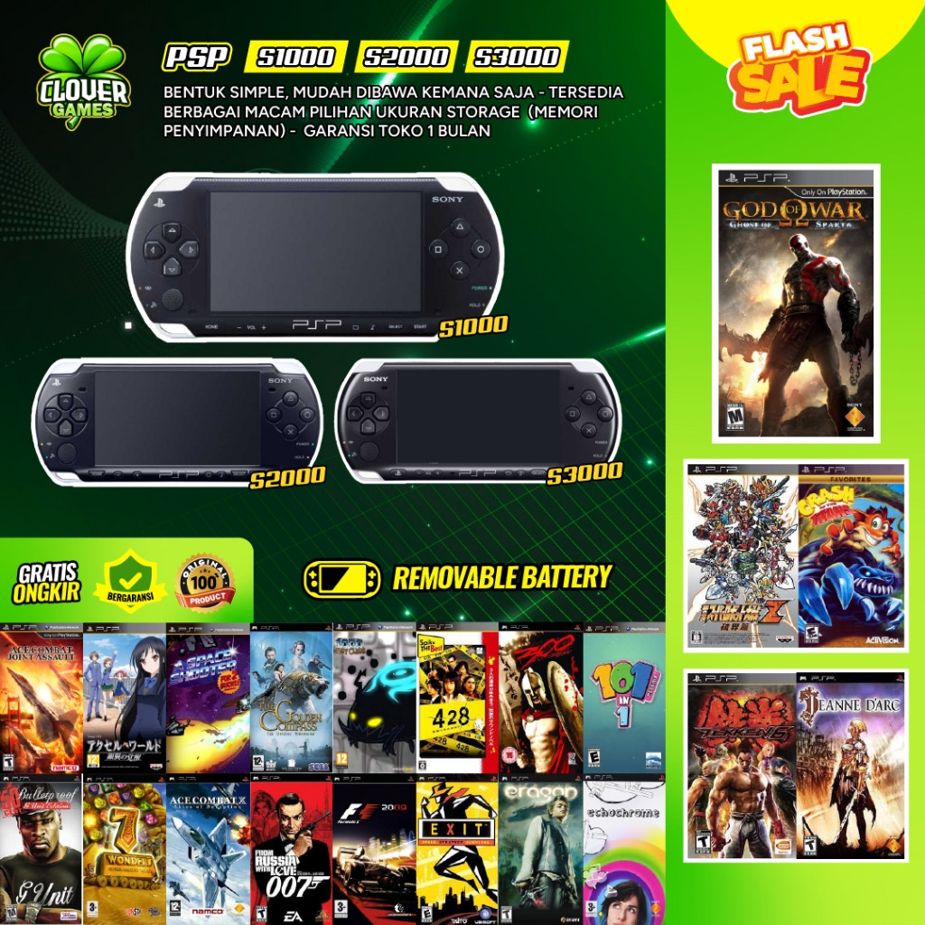 PSP Sony S1000 S2000 S3000 - Game Console Second 32GB / 16GB / 8GB Free Full Game Like New  1 BulanC