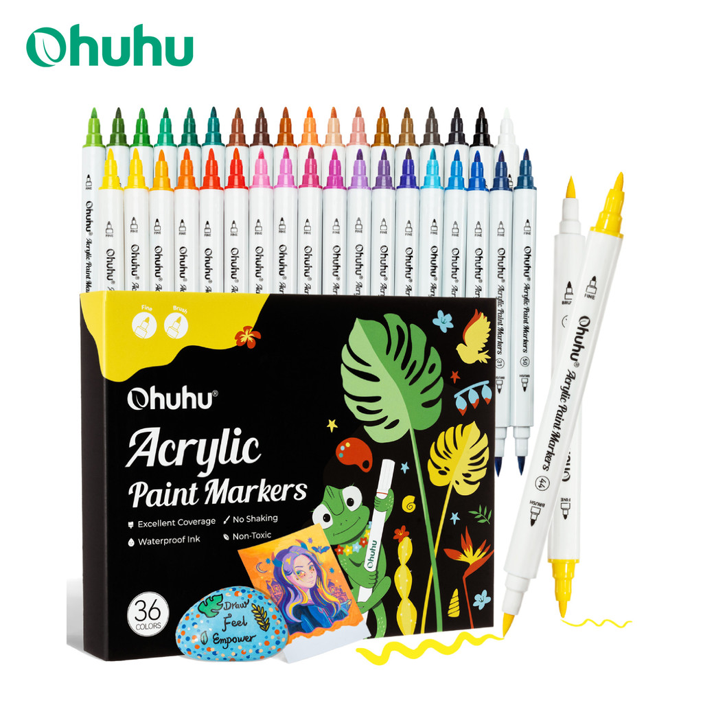 

Ohuhu Acrylic Paint Markers Cotton Core 36 Colors Dual Tips Paint Pens High Opacity Acrylic Markers Waterproof Lightfast Drawing