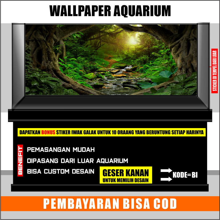 stiker wallpaper background aquarium belakang 3d ukuran jumbo besar gambar hd tema alam hutan hijau