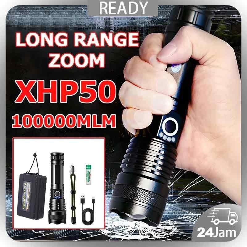 【READY】Senter LED Super Terang XHP50 Lampu SWAT Jarak Jauh Waterproof 10000 Lumens