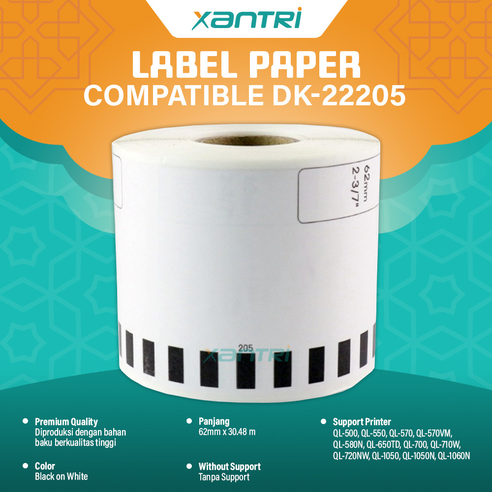 

Kertas Continuous Xantri Length Paper Printer Brother Label Tape 62mm x 30M DK-22205 DK22205 Compatible