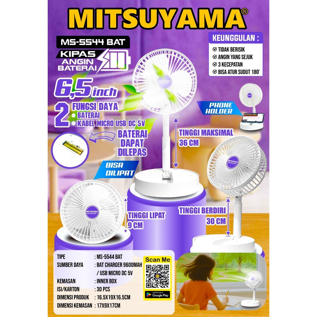 DESK FAN MITSUYAMA 5544 BATERAI | Kipas Angin Meja Mitsuyama 5544 Ampere 0.034A