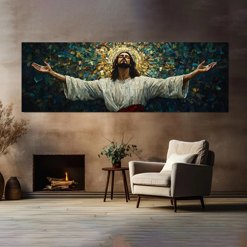 

Jesus Wall Art Canvas Print- Mosaic Canvas of Jesus with Open Arms, Divine Light and Spiritual, Christian Artwork Canvas Poster
