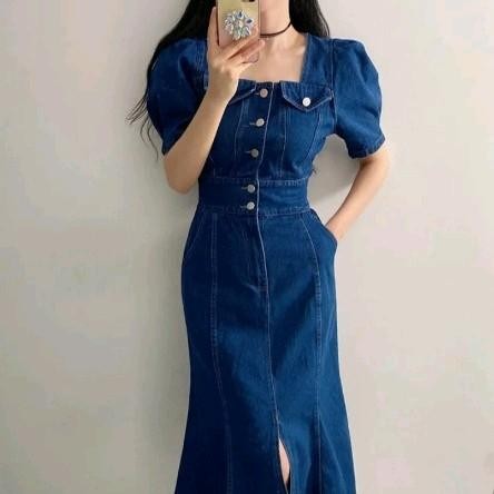 Dress Jeans Lengan pendek puff Elise Denim Dress / Dress Jeans Midi - Dark Blue, Ld 98cm