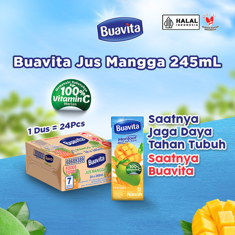 

Buavita Juice Jus Kemasan Rasa Buah Asli Mangga 245ml x 24 Pieces (1 Carton)