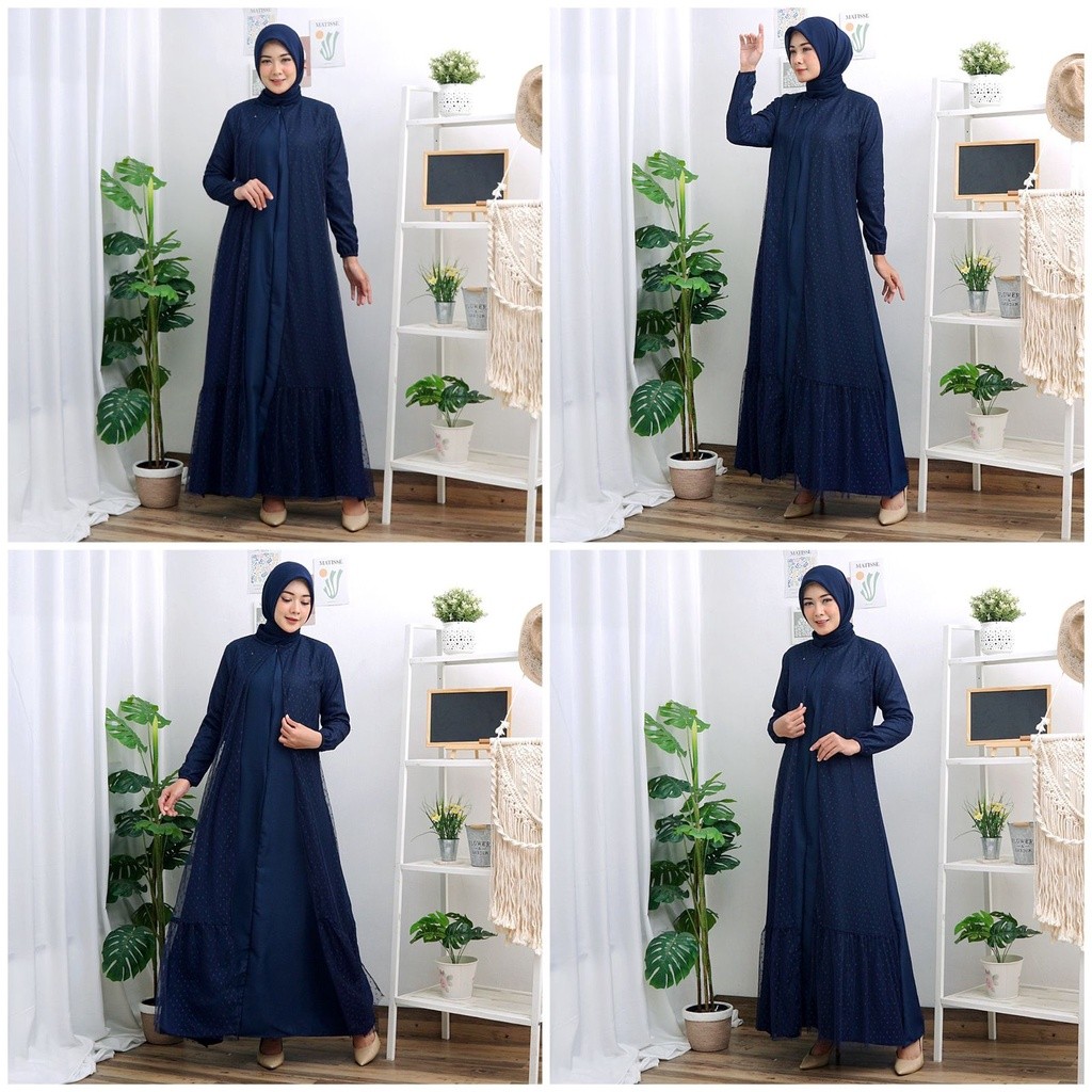 Haliya Tile Dotty Gamis Dress Mosscrepe Mix Tille Dot Maxi Dres Muslim Lebaran Pesta Kondangan Murah