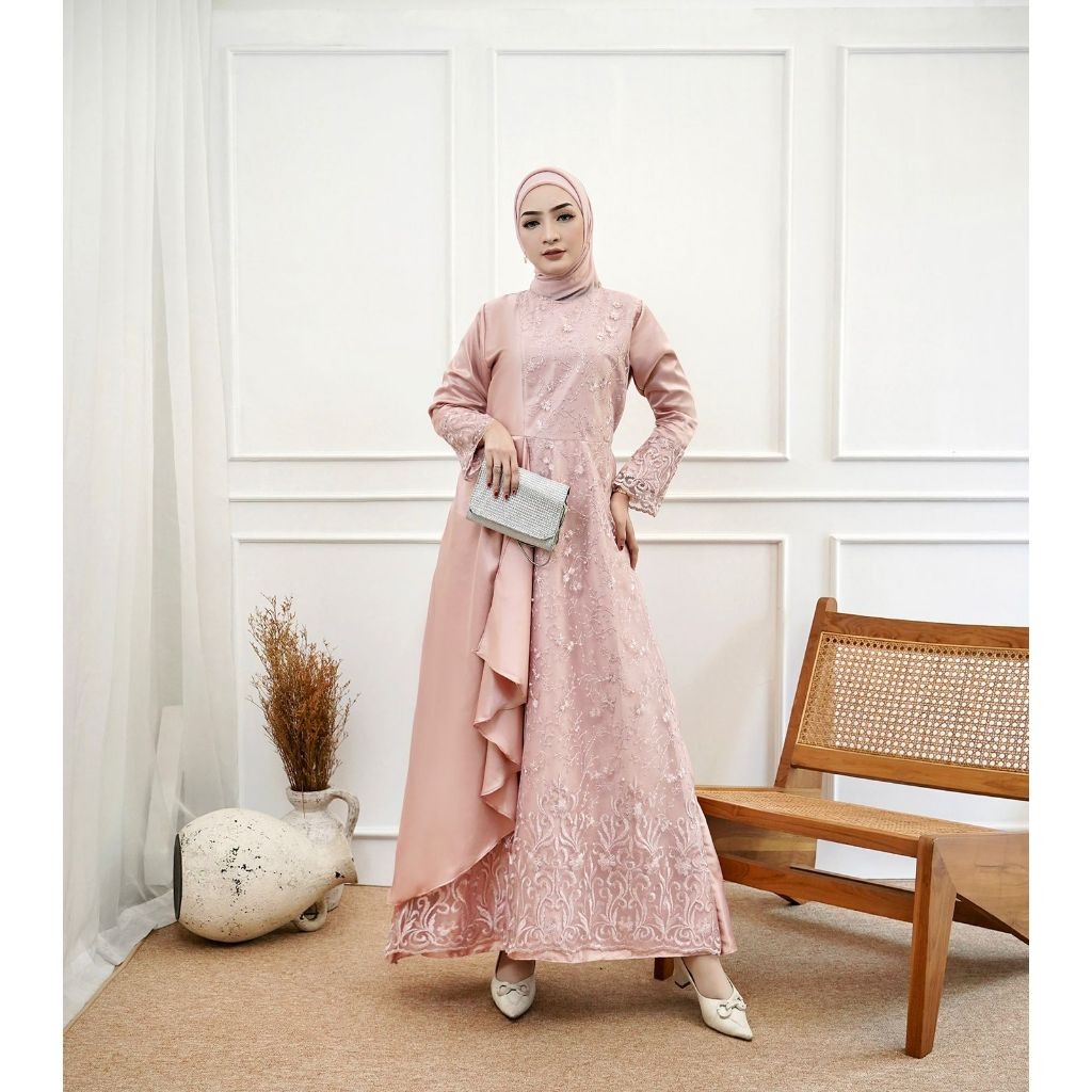 Gamis Mafaza Brokat TilLe Bordir Maxi Dress Lebaran Brukat Tulle Baju Muslim / Dres Muslim Pesta Kon