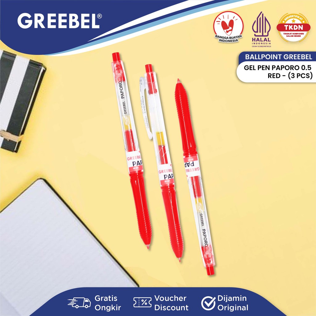 

GREEBEL Pulpen Gel / Gel Pen GP-507 Paporo 0.5 Merah (3PCS/SET) / Ballpen Gel Ballpoint Bolpen Bolpoin Pena Gel