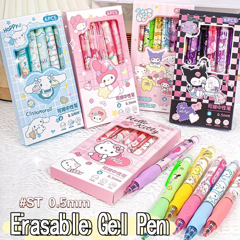 

6pcs Sanrio Erasable Gel Pen Pochacco Kuromi Cinnamoroll Hello Kitty Student Neutral Ball Pen Office School Supplies Stationery