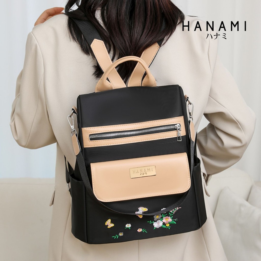 HANAMI Tas Ransel Remaja Branded Kulit Hitam Terbaru Chikara Elegan Kantor TA1139B5 Simple Wanita
