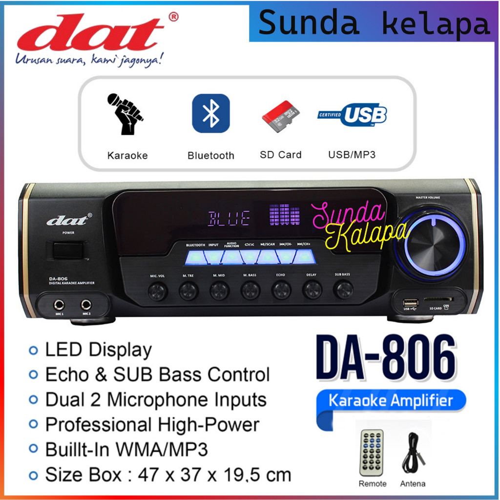 Amplifier DAT DA 806 Power Amplifier Karaoke Bluetooth Equaliser Amplifier Echo & Sub Bass Control