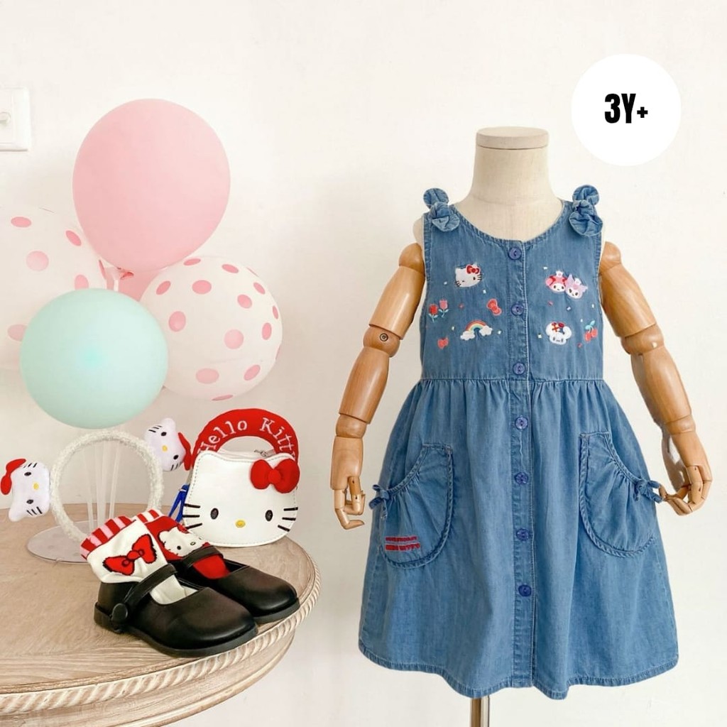 ( DRE1074 ) Dress anak perempuan tanpa lengan - denim - sanrio hello kitty melody kuromi - blue biru