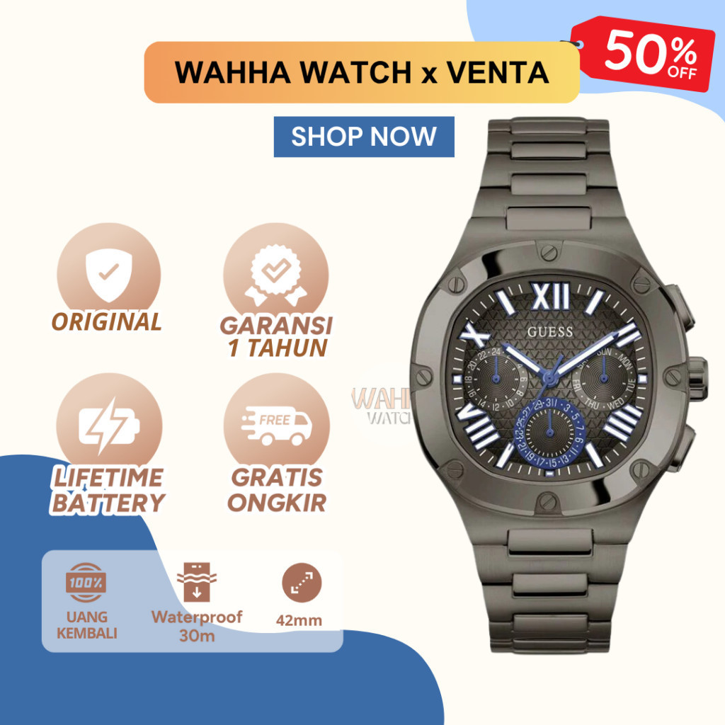 Jam Tangan Analog Pria Guess Headline GW0572G5 Men Gunmetal Dial Gunmetal Stainless Steel [BERGARANS