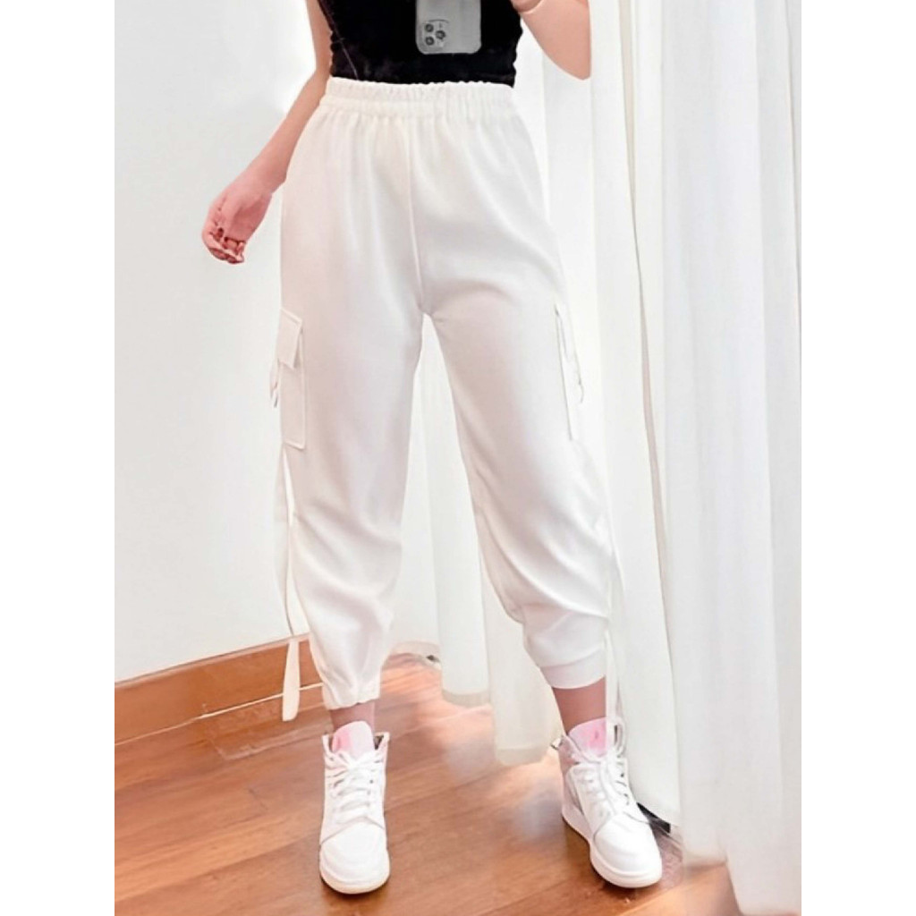 Celana Cargo Wanita Scuba Jogger Pants Hitam Putih Stretch Premium