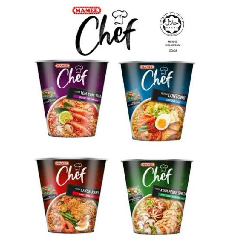 

mamee chef cup mie cup perisa lontong / tomyam thai / ayam pedas shiitake / laksa kari 62gr
