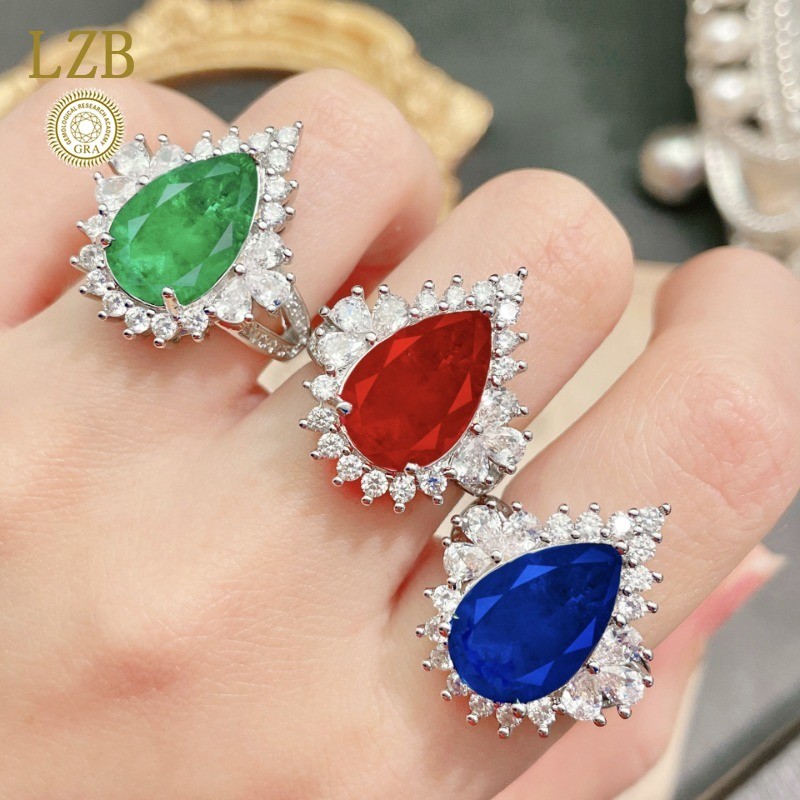 Cincin Berlian Moissanite Batu Permata Bentuk Pir Mewah Wanita Merah Hijau Biru Ring Berlian Tetes A