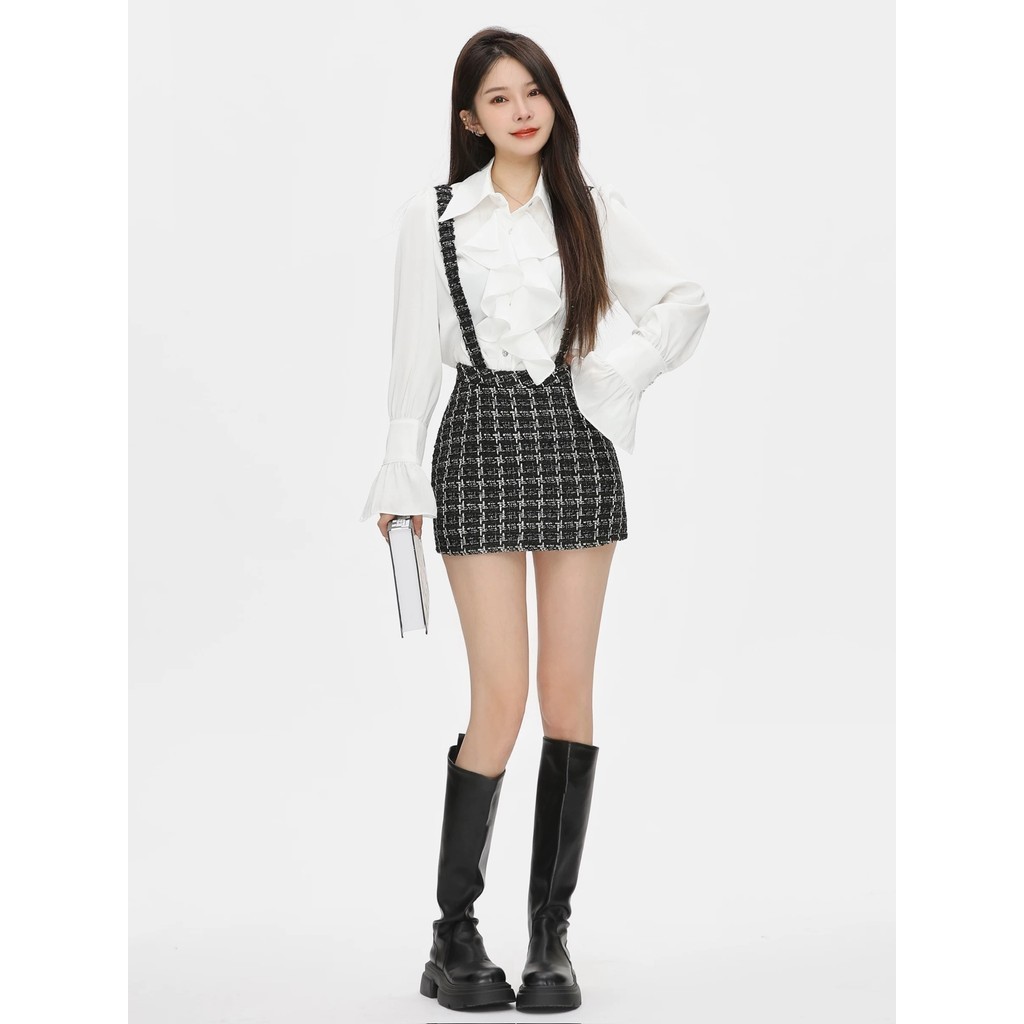 Laudofficial Lucy Set /Stelan Wanita Atasan Kemeja & Rok Suspender Kotak-Kotak