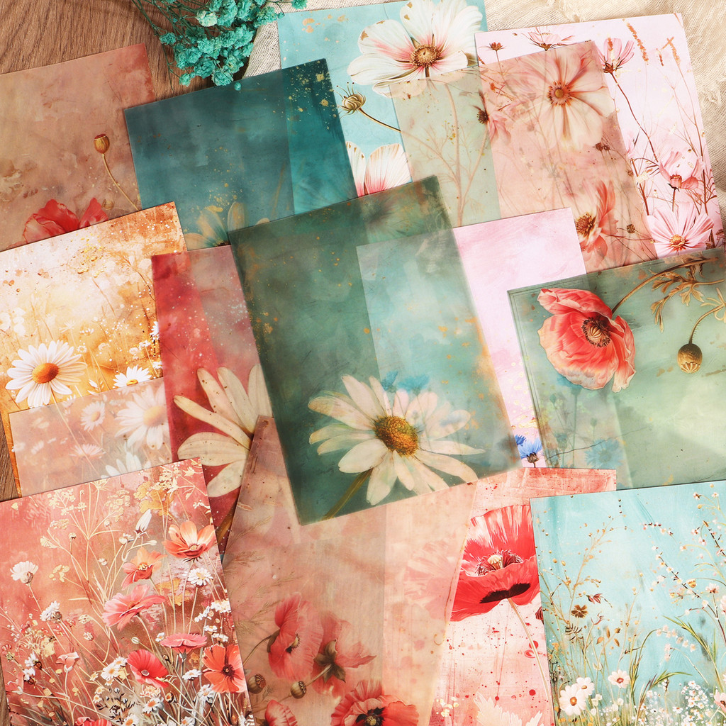 

16papers, 8 Transparent Sulfuric Acid Paper, 46stickers Wildflower DIY Junk Journal Decor Paper, for Arts Crafts, Scrapbooking
