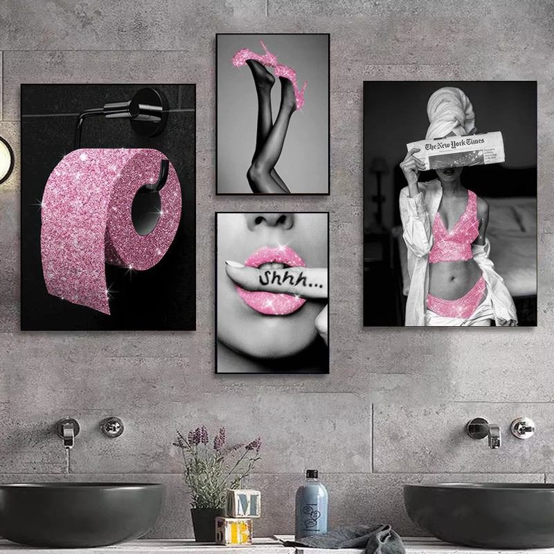 

Black and Pink Toilet Posters Fashion Pink Woman Canvas Paintings And Prints HD Pictures For Washroom Bathroom Decor Frameless