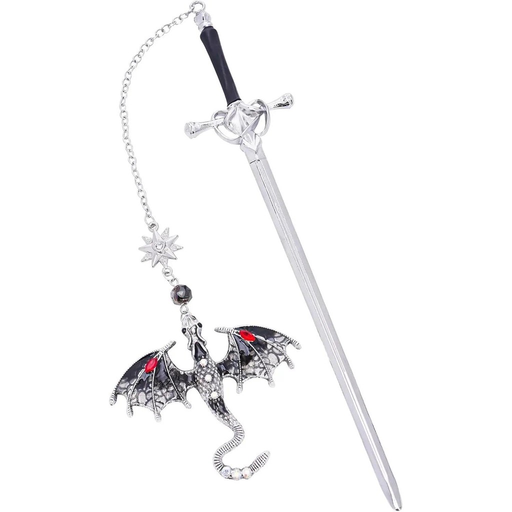 

Fourth Wing Dragon Fantasy Sword Bookmark with Vintage Tassel and Antique Silver Gray Metal Pendant