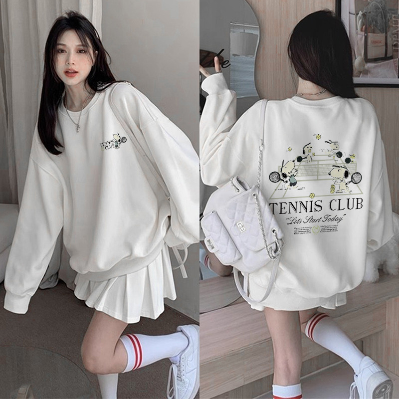 Qlioo Sweater Crewneck Oversize Wanita Snoopy Playing Ball Print Korean Style Sweater Wanita Origina