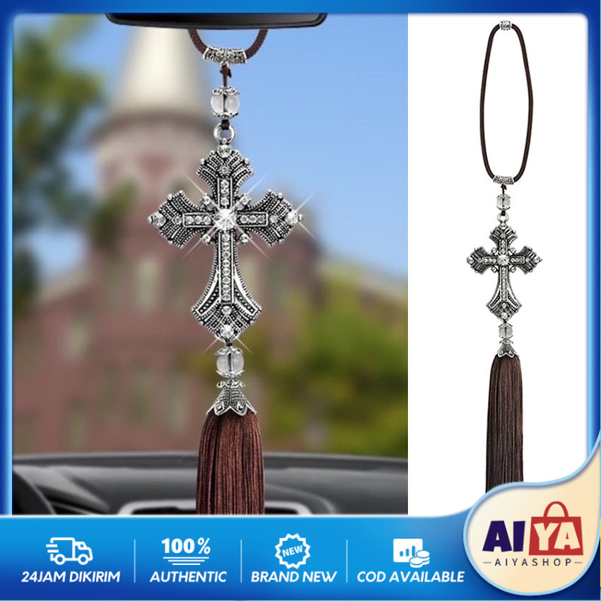 Salib Gantungan Spion Mobil Perak Kristal Berlian Salib Yesus Kristen Hiasan Salib Gantung Aksesori 