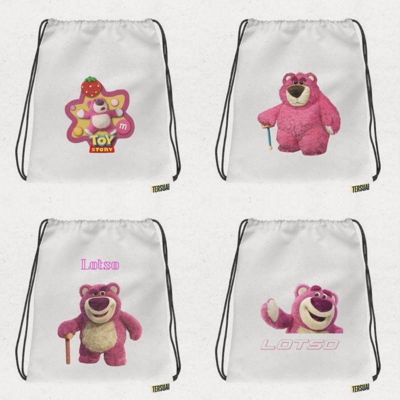 Tas Serut Tersuai Lotso Toys Story Bahan Kanvas Premium Full Printing Untuk Pria & Wanita