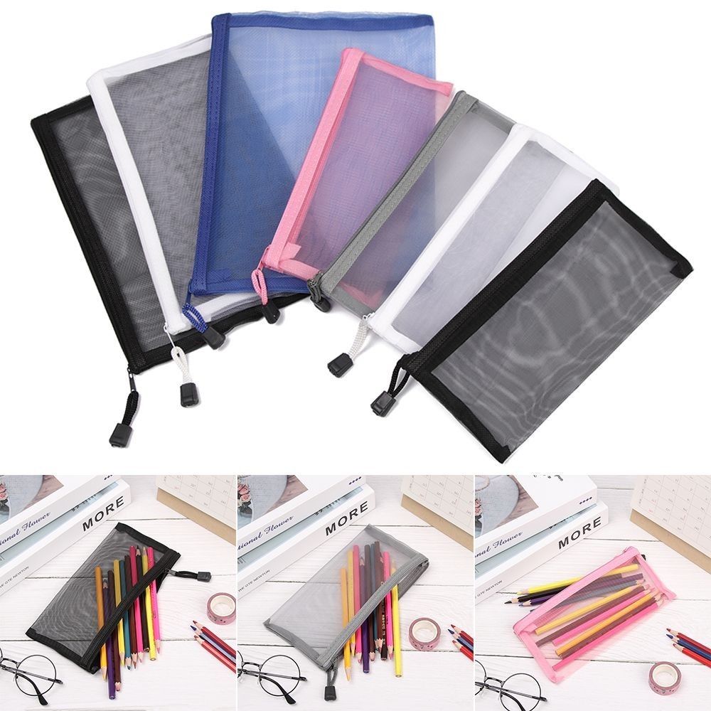 

Simple Transparent Mesh Document Bag Transparent Zipper Stationery Bag Nylon Bag Pencil Case Office Student School Supplies