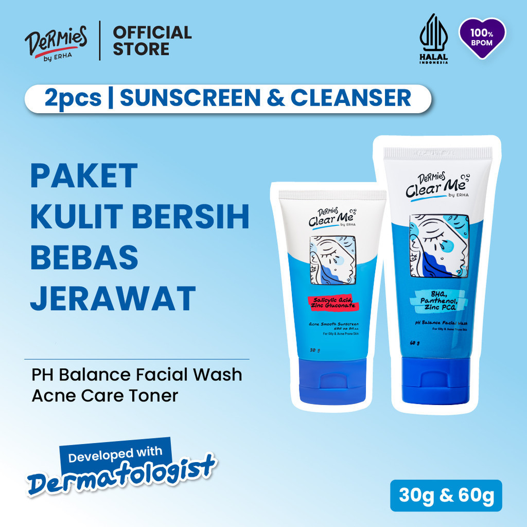 DERMIES [2 PCS] - Paket Kulit Bersih Bebas Jerawat -  Acne Sunscreen & Ph Balance Facial Wash