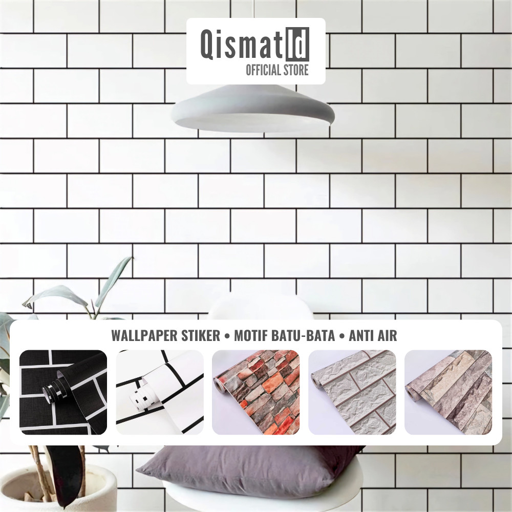 [COD] Wallpaper Sticker Dinding Motif Batu/Bata Modern 8m x 45cm Kotak Garis Merah Daun HIjau Krem A