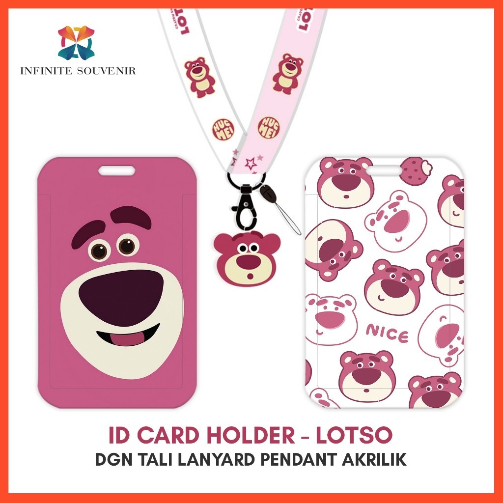 

[N003] LOTSO / Name Tag ID Card Holder Stroberi Bear Pink Tali Lanyard / Gantungan Pendant Akrilik