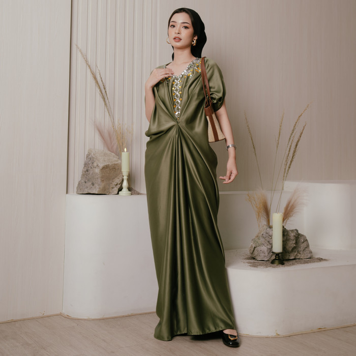 ✨BISA COD✨ - Maroo - Shara Kaftan Dress Satin Payet Swaroski - Olive