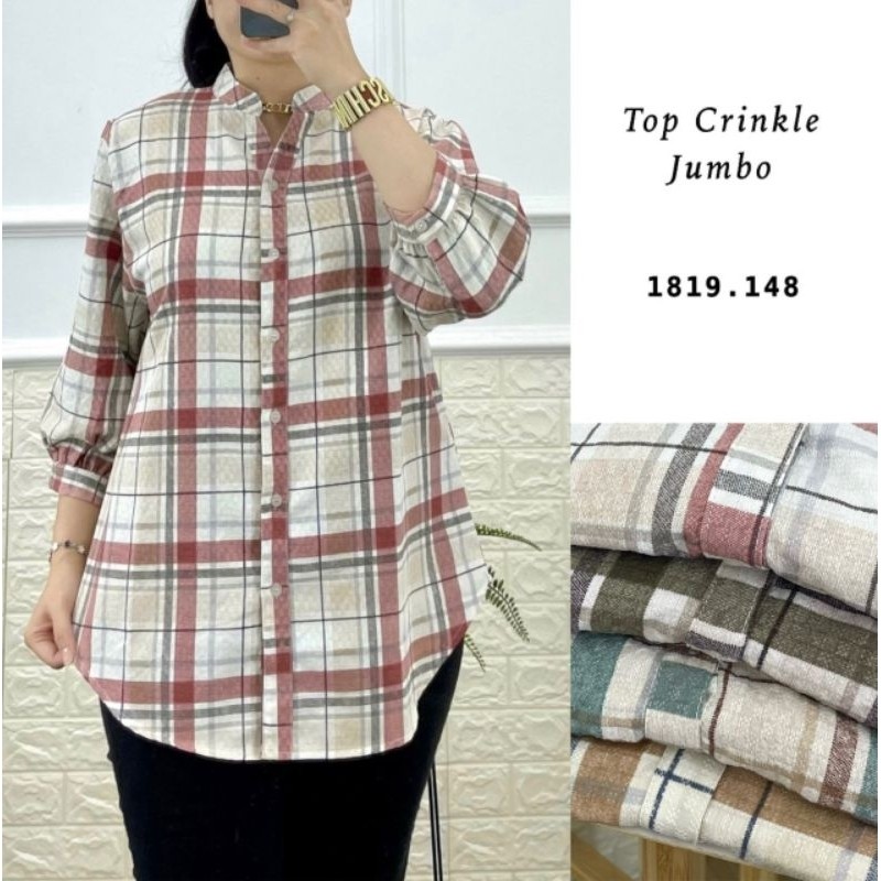 Blouse Wanita Kemeja Wanita Top Crinkle All Size Warna Random Salur Kotak Mediun Kerut